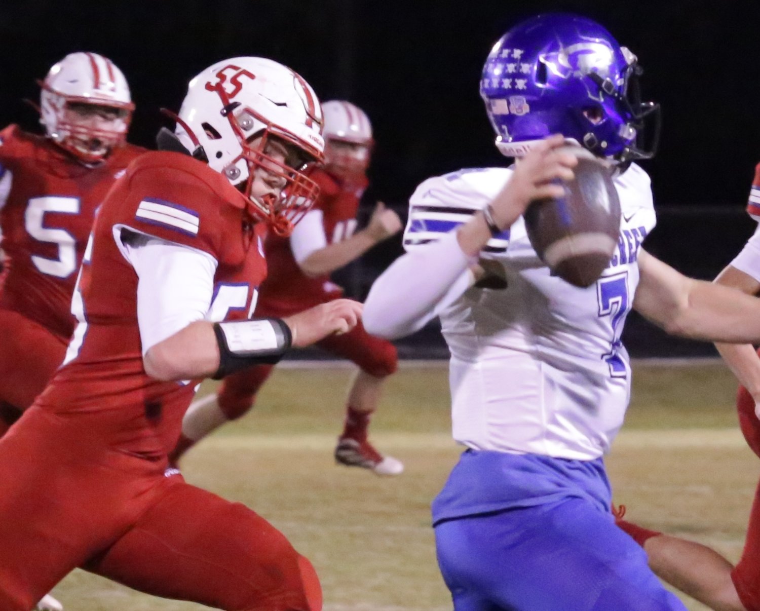 Panther Michael Gaskill tracks down the Rivercrest quarterback in action Friday.